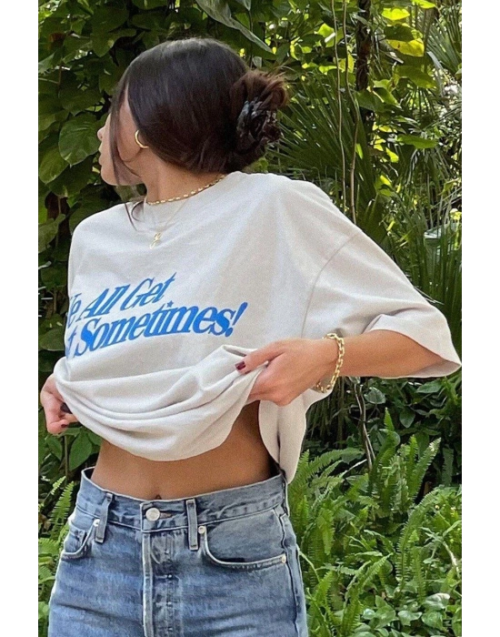 Kadın Baskılı Oversize T-Shirt - Beyaz