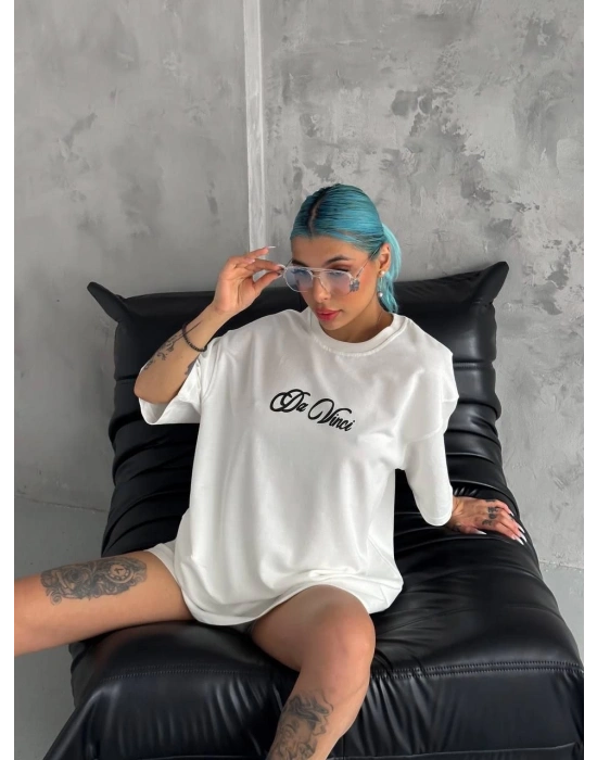Kadın Baskılı Oversize T-Shirt - Beyaz