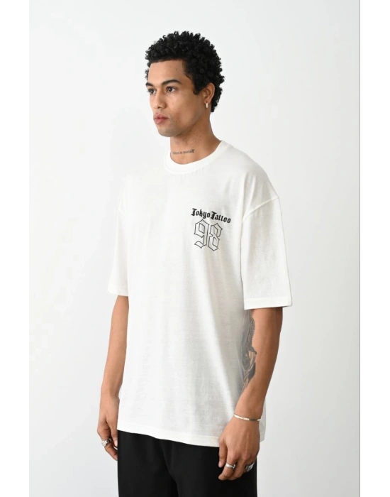 Erkek Baskılı Oversize T-Shirt - Beyaz