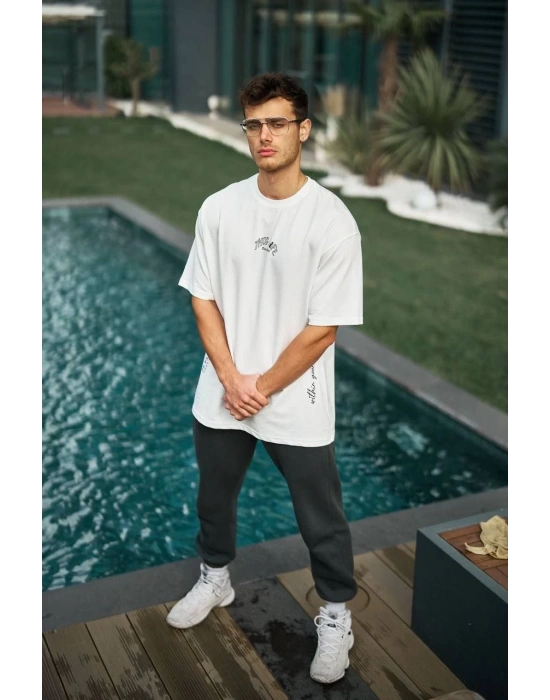 ERKEK Baskılı Oversize T-Shirt - Beyaz