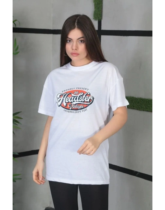 Kadın Baskılı Oversize T-Shirt - Beyaz