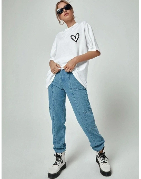 Kadın Kalp Baskılı Oversize T-Shirt - Beyaz