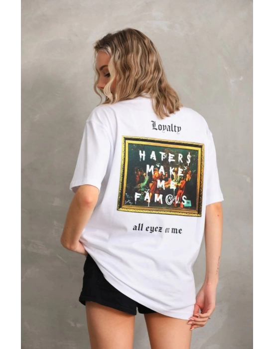 Kadın ön ve arka  Baskılı Oversize T-Shirt - Beyaz