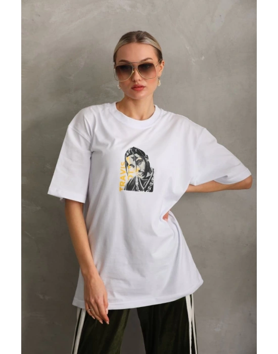 Kadın Baskılı Oversize T-Shirt - Beyaz