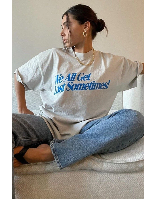 Kadın Baskılı Oversize T-Shirt - Beyaz