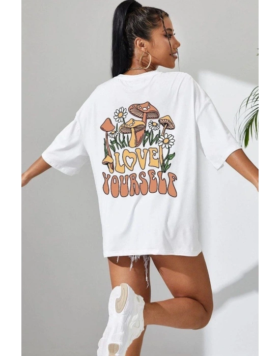 Kadın Baskılı Oversize T-Shirt - Beyaz