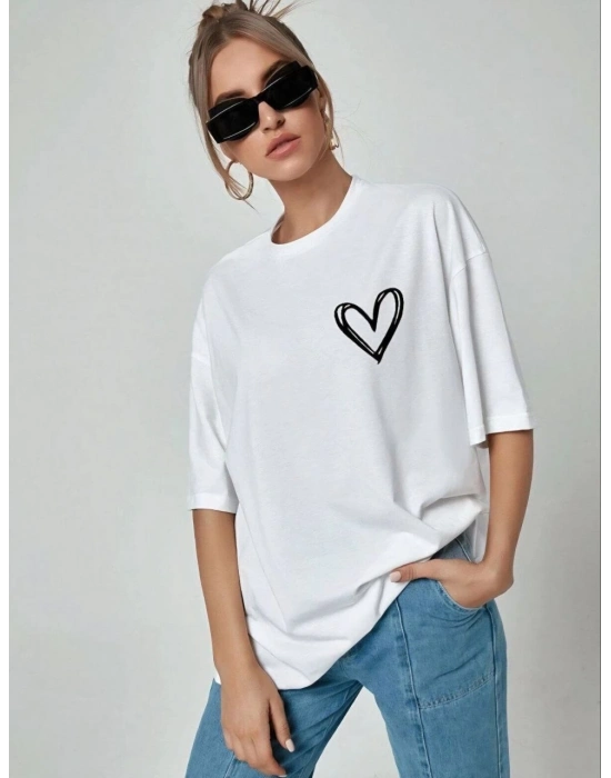 Kadın Kalp Baskılı Oversize T-Shirt - Beyaz