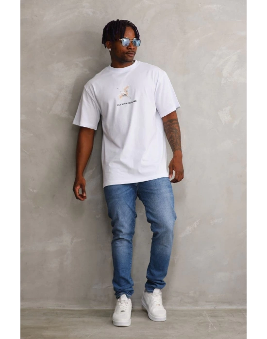 ERKEK Baskılı Oversize T-Shirt - Beyaz