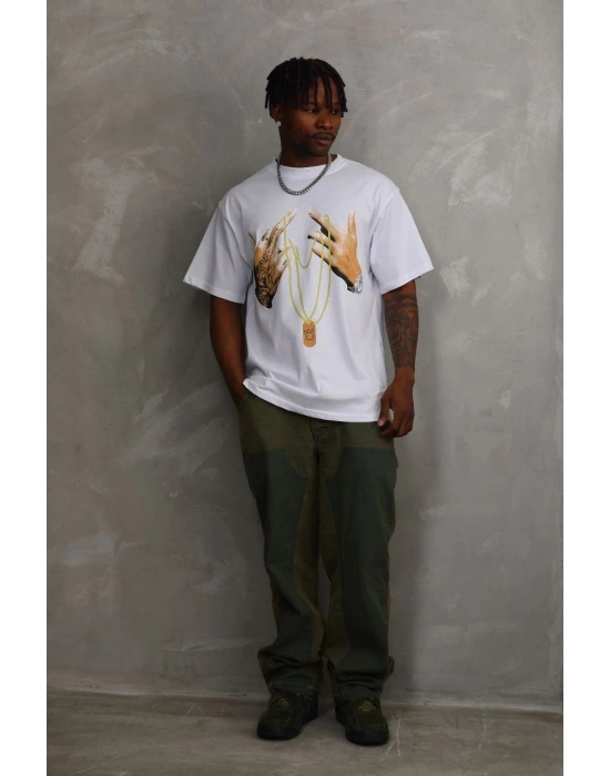 ERKEK Baskılı Oversize T-Shirt - Beyaz