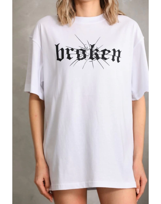 Kadın Baskılı Oversize T-Shirt - Beyaz