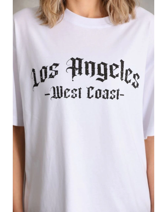 Kadın Baskılı Oversize T-Shirt - Beyaz
