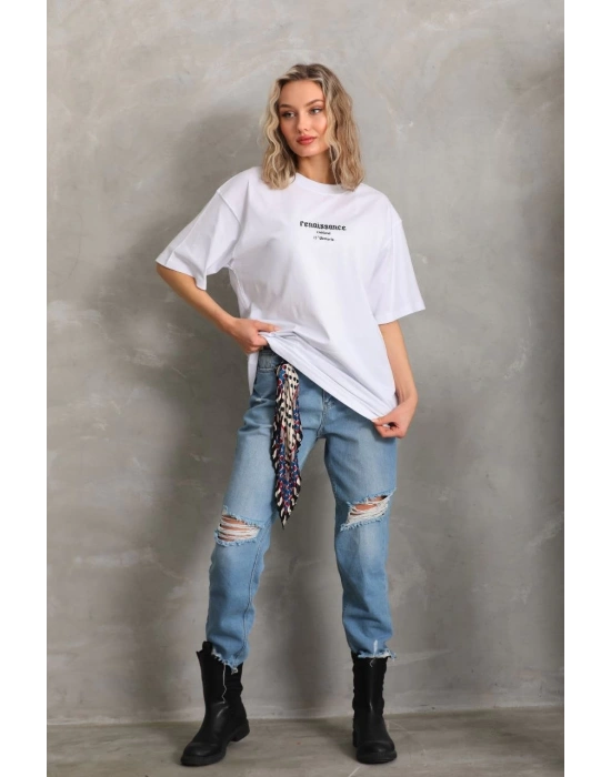 Kadın Baskılı Oversize T-Shirt - Beyaz