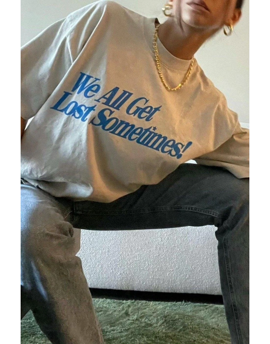 Kadın Baskılı Oversize T-Shirt - Beyaz