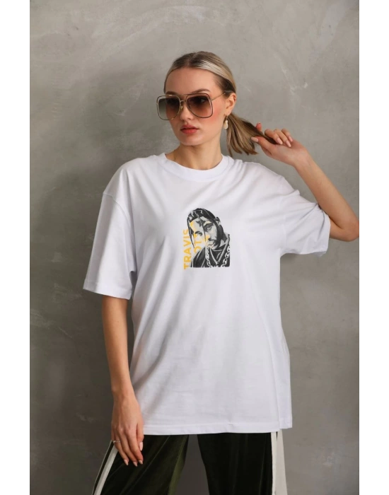 Kadın Baskılı Oversize T-Shirt - Beyaz