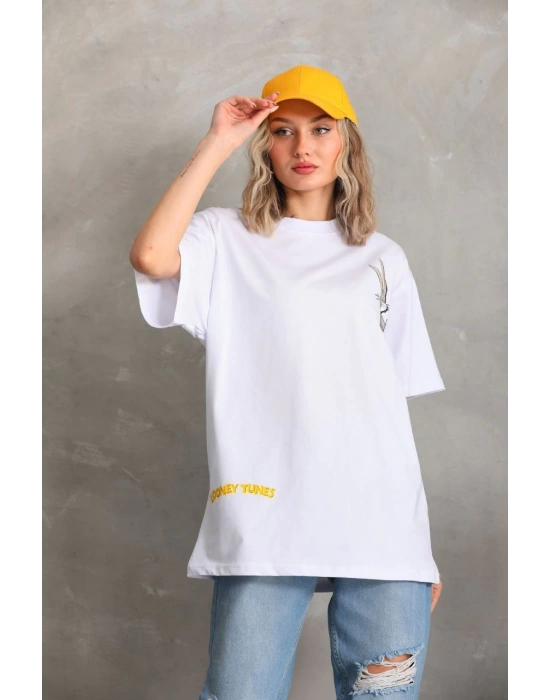 Kadın Baskılı Oversize T-Shirt - Beyaz