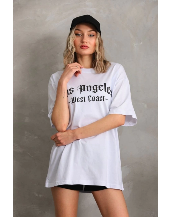 Kadın Baskılı Oversize T-Shirt - Beyaz