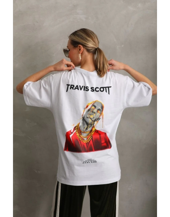 Kadın Baskılı Oversize T-Shirt - Beyaz