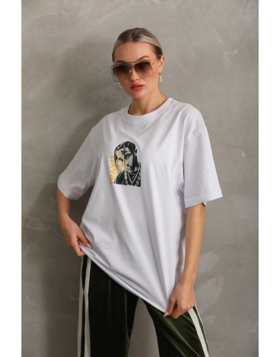 Kadın Baskılı Oversize T-Shirt - Beyaz