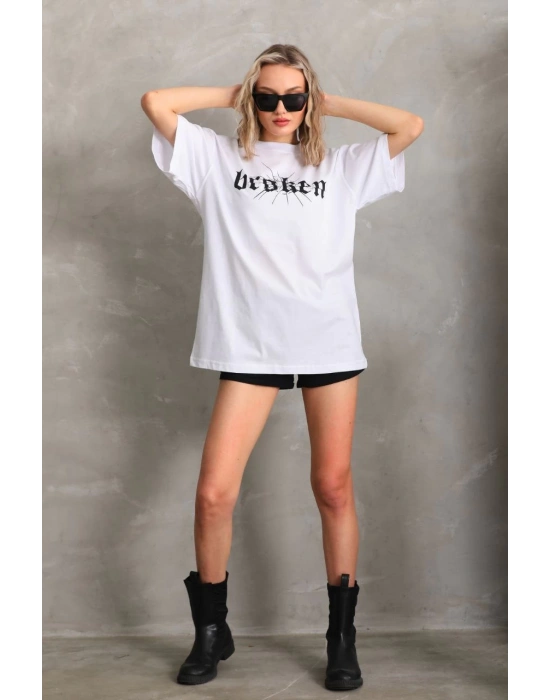 Kadın Baskılı Oversize T-Shirt - Beyaz