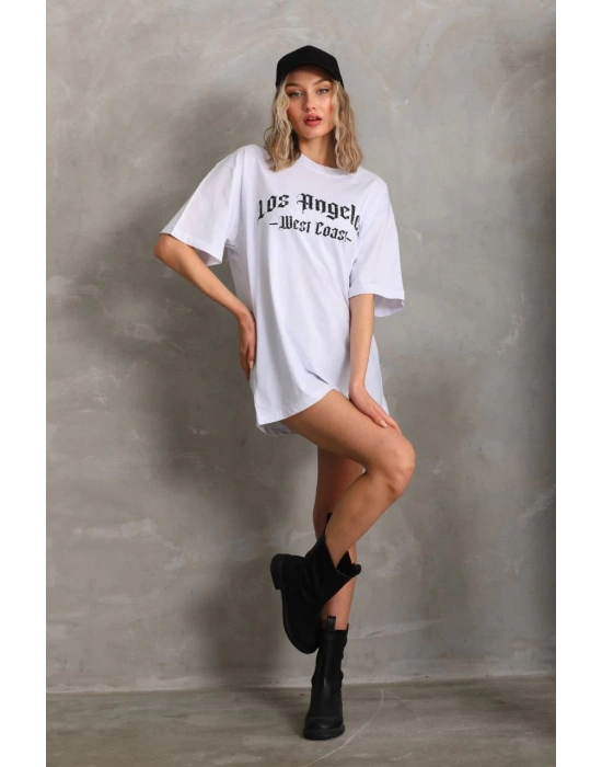 Kadın Baskılı Oversize T-Shirt - Beyaz