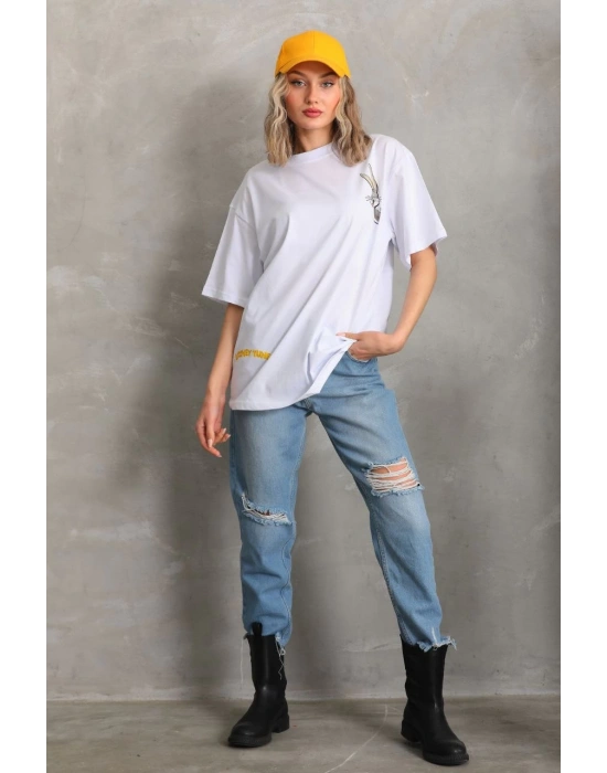 Kadın Baskılı Oversize T-Shirt - Beyaz