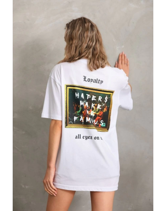 Kadın ön ve arka  Baskılı Oversize T-Shirt - Beyaz