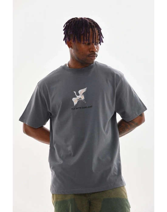 ERKEK Baskılı Oversize T-Shirt - Füme