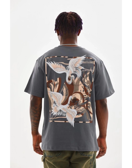 ERKEK Baskılı Oversize T-Shirt - Füme