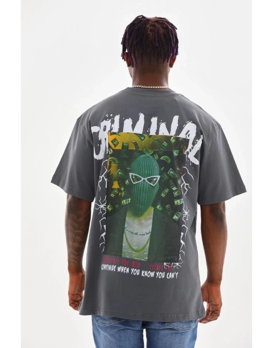 ERKEK Baskılı Oversize T-Shirt - Füme