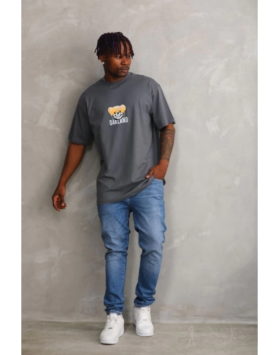 ERKEK Baskılı Oversize T-Shirt - Füme