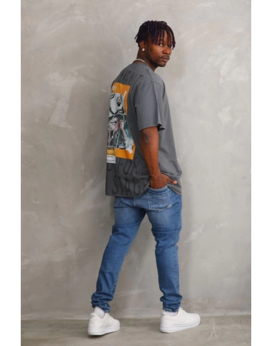 ERKEK Baskılı Oversize T-Shirt - Füme