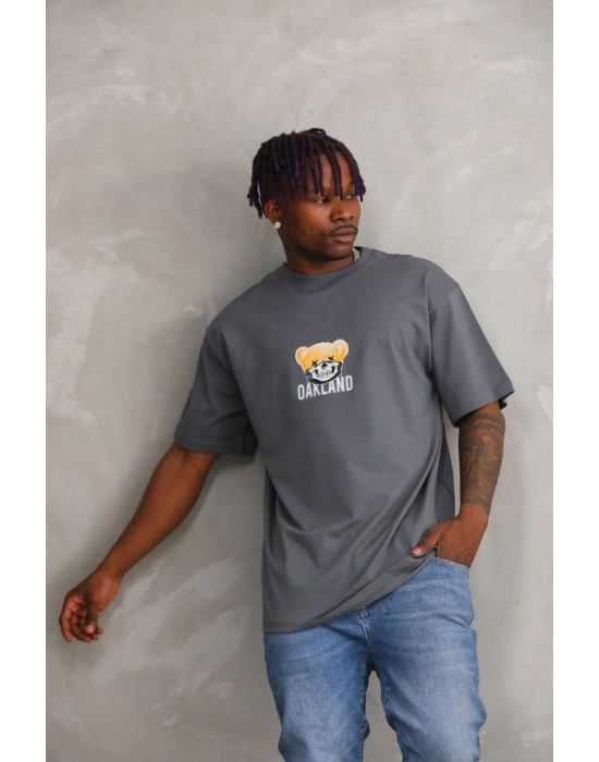 ERKEK Baskılı Oversize T-Shirt - Füme
