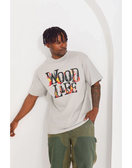 ERKEK Baskılı Oversize T-Shirt - Gri