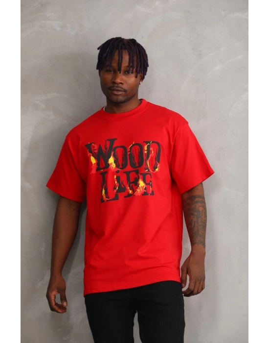 ERKEK Baskılı Oversize T-Shirt - Kırmızı