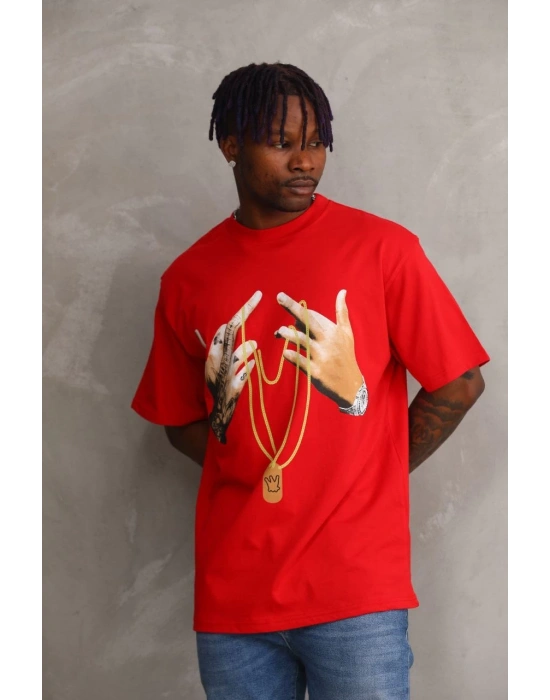 ERKEK Baskılı Oversize T-Shirt - Kırmızı