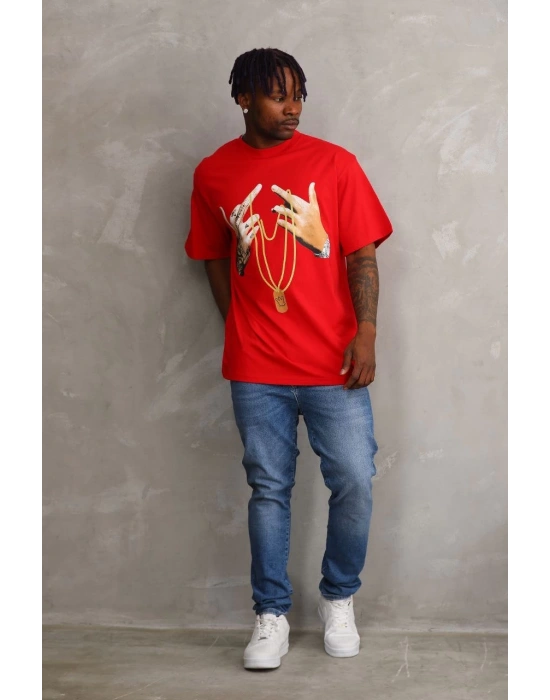 ERKEK Baskılı Oversize T-Shirt - Kırmızı