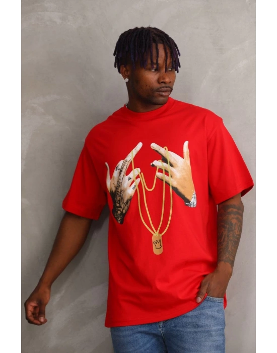 ERKEK Baskılı Oversize T-Shirt - Kırmızı