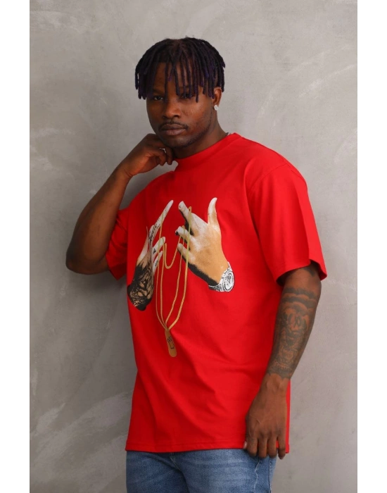 ERKEK Baskılı Oversize T-Shirt - Kırmızı