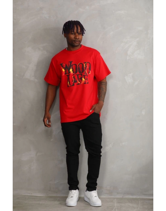 ERKEK Baskılı Oversize T-Shirt - Kırmızı