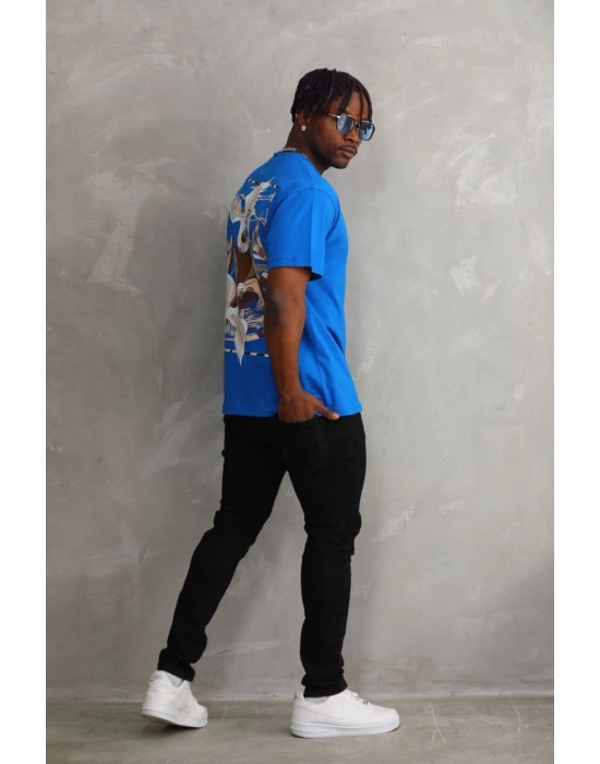 ERKEK Baskılı Oversize T-Shirt - Mavi