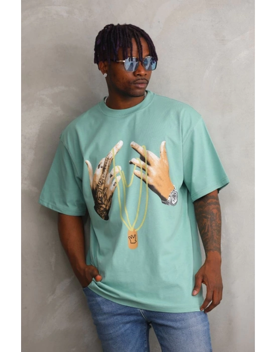ERKEK Baskılı Oversize T-Shirt - Mint Yeşili