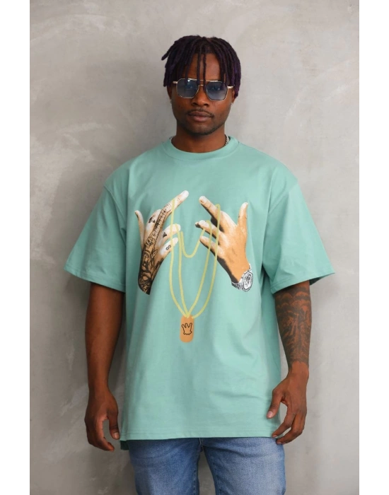ERKEK Baskılı Oversize T-Shirt - Mint Yeşili