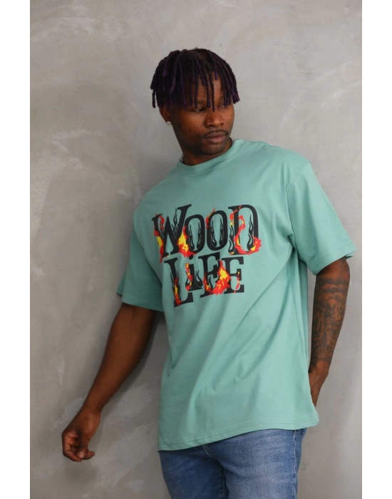 ERKEK Baskılı Oversize T-Shirt - Mint Yeşili