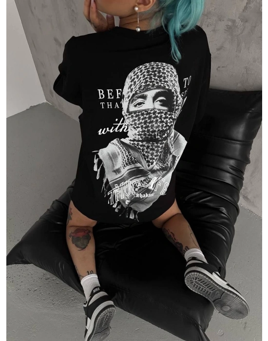 Kadın Baskılı Oversize T-Shirt - Siyah