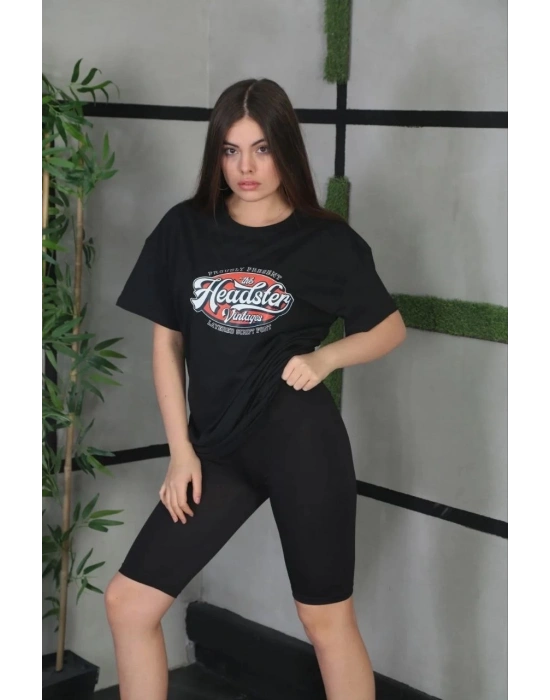 Kadın Baskılı Oversize T-Shirt - Siyah