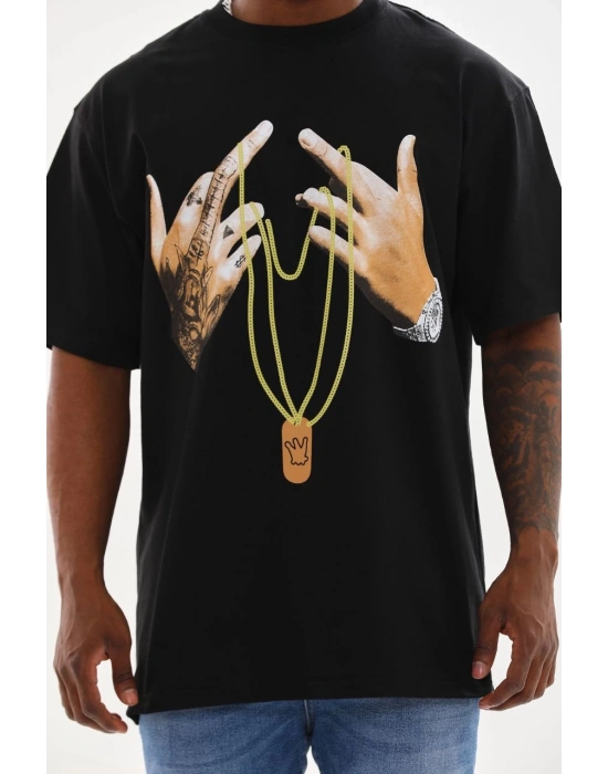 ERKEK Baskılı Oversize T-Shirt - Siyah