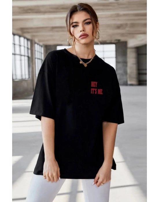 Kadın Baskılı Oversize T-Shirt - Siyah