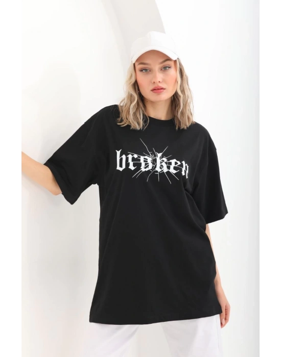 Kadın Baskılı Oversize T-Shirt - Siyah