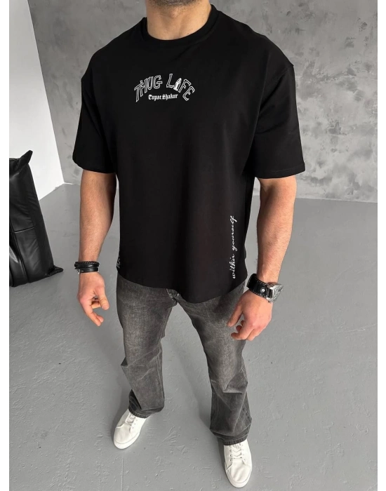 ERKEK Baskılı Oversize T-Shirt - Siyah