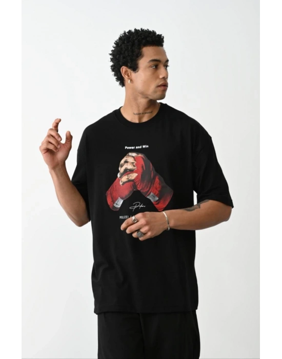 ERKEK Baskılı Oversize T-Shirt - Siyah
